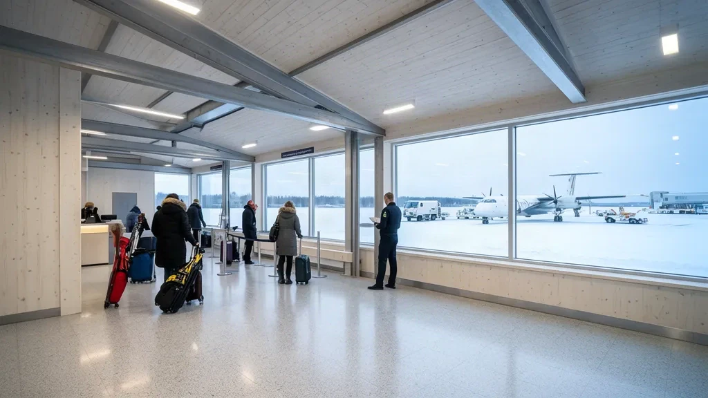 Kuzey İsveç'teki Skellefteå Havalimanı SFT'nin aydınlık İskandinav terminal iç mekânı; check-in yapan yolcular ve cam duvarın ötesinde karlı apron