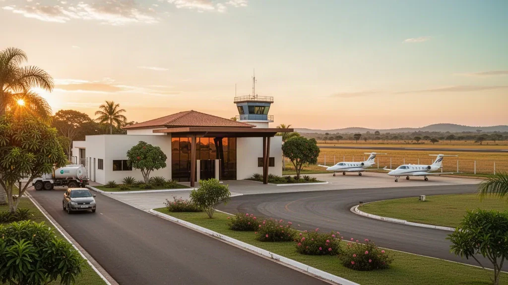 Small regional airport terminal and runway in Santa Fé do Sul, Brazil, glowing in warm late-afternoon sunlight