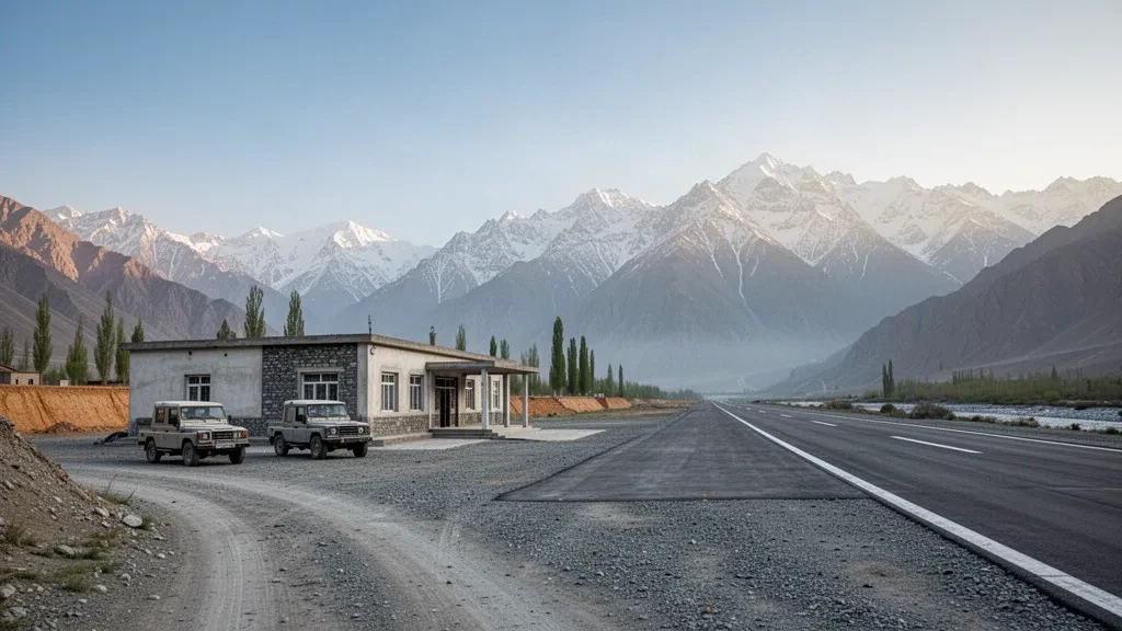 Remote mountain airstrip and small terminal at Sheghnan Airport in Badakhshan, Afghanistan, framed by snow-capped Pamir peaks