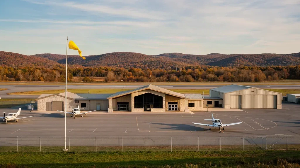 Small general aviation terminal and aircraft apron at North Central State Airport in Smithfield, Rhode Island on a clear autumn afternoon