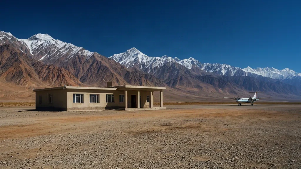 Außenansicht des Terminals des Flughafens Sheghnan in Badakhshan, Afghanistan, mit Bergen und einem kleinen Flugzeug auf dem Schotter-Vorfeld.