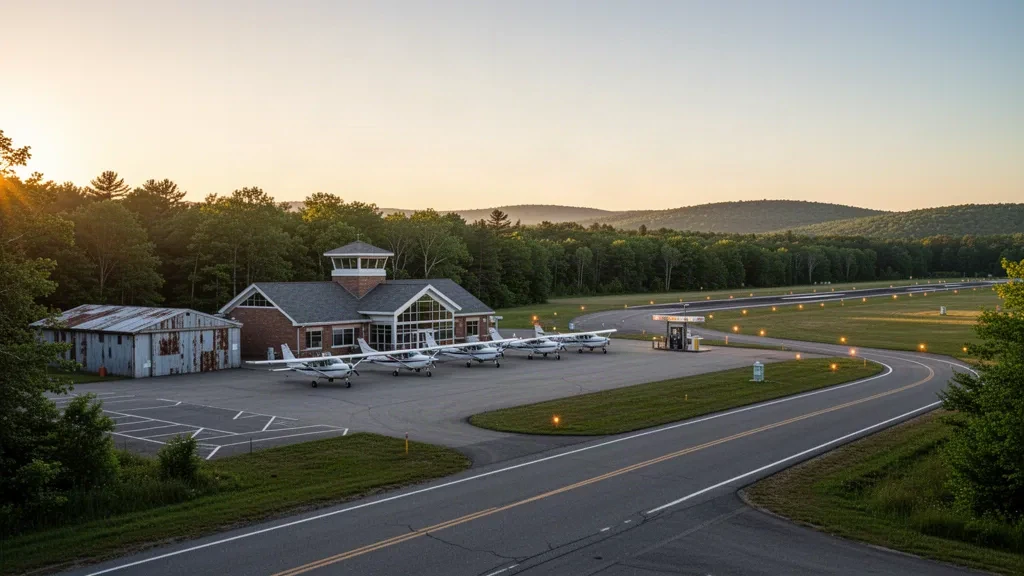 Blick zur goldenen Stunde auf das Vorfeld des North Central State Airport SFZ in Smithfield, Rhode Island, mit Kleinflugzeugen, Hangars und einem niedrigen Terminalgebäude.