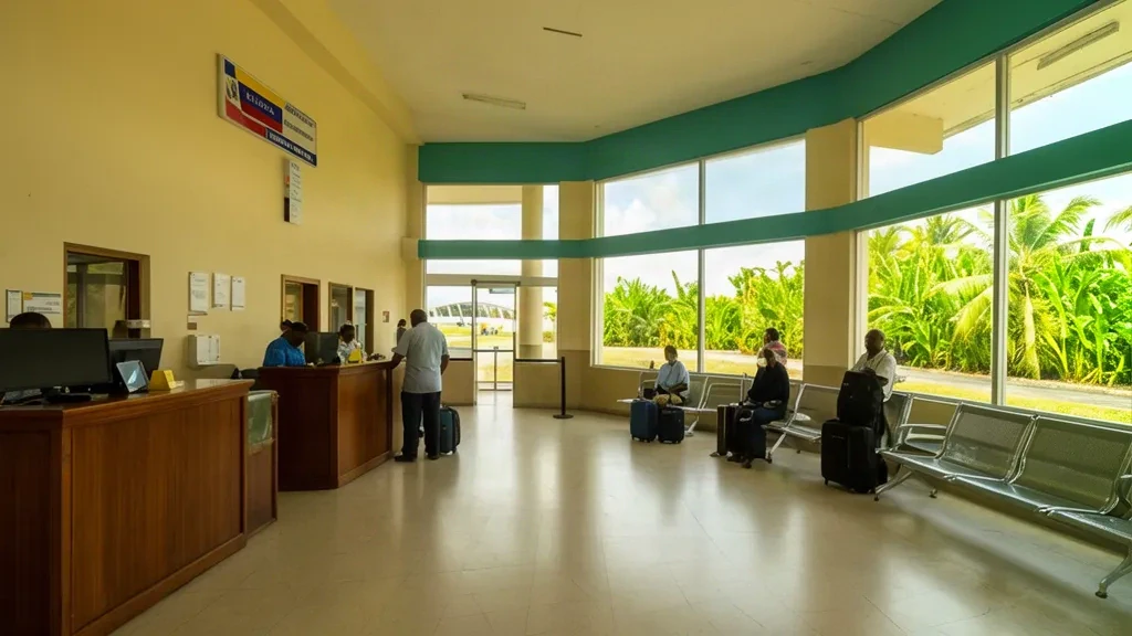 Innenansicht des Terminals des Flughafens Macagua SFX in Ciudad Guayana, Venezuela, mit Check-in-Schaltern, Sitzgelegenheiten und Tageslicht.
