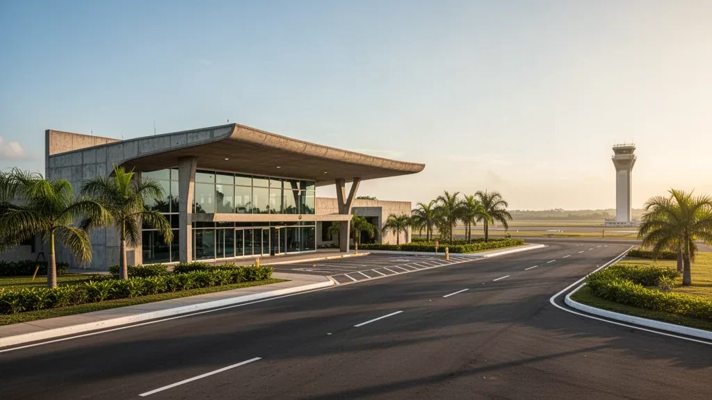 Exterior de la terminal del Aeropuerto de Macagua en San Félix, Venezuela, con una fachada moderna de vidrio, paisajismo tropical y un carril de descenso limpio durante la hora dorada.