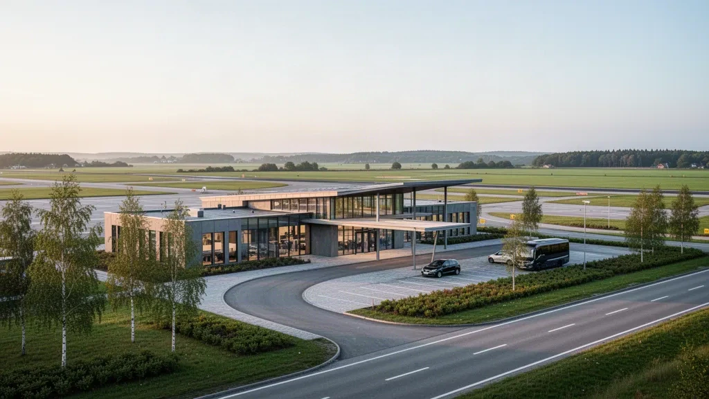 Modern glass terminal exterior at Sønderborg Airport in Denmark with a curved drop-off lane, open sky and calm golden-hour light.