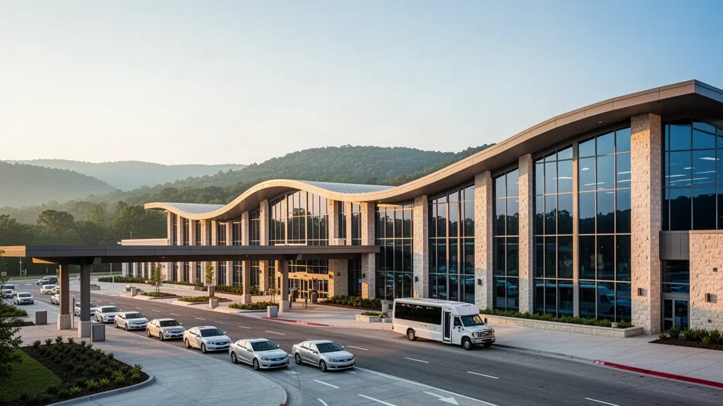 Modern glass and limestone terminal exterior at Springfield-Branson National Airport with curbside canopy and Ozark hills at golden hour