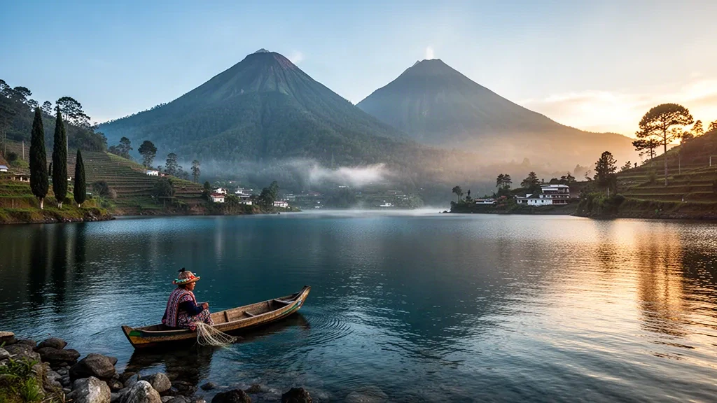 Lever de soleil sur le lac Atitlán avec le volcan San Pedro et le Tolimán, une pirogue maya sur une eau calme et de la brume le long du rivage des hauts plateaux guatémaltèques