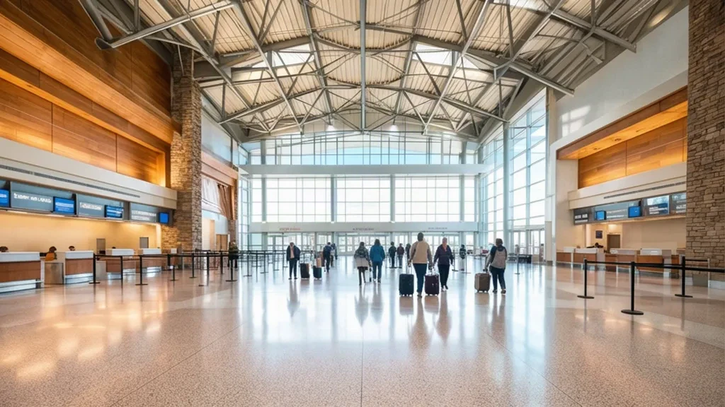 Helles, modernes Terminalinnere am Springfield-Branson National Airport mit Reisenden und großen Fenstern.