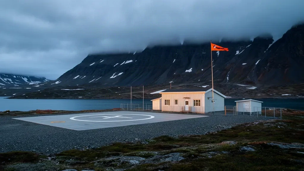 Héliport de Sermiligaaq au Groenland, avec son petit terminal, son hélisurface en gravier et sa manche à air sous les montagnes escarpées du fjord arctique