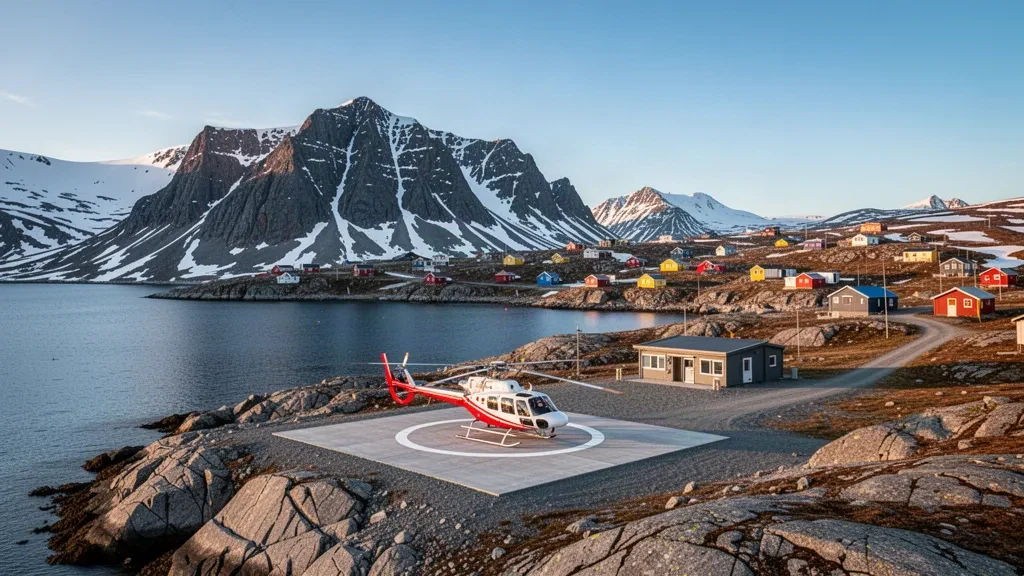 Eliporto remoto di Sermiligaaq in Groenlandia con un elicottero utility, un piccolo terminal, terreno roccioso, fiordo e montagne innevate.