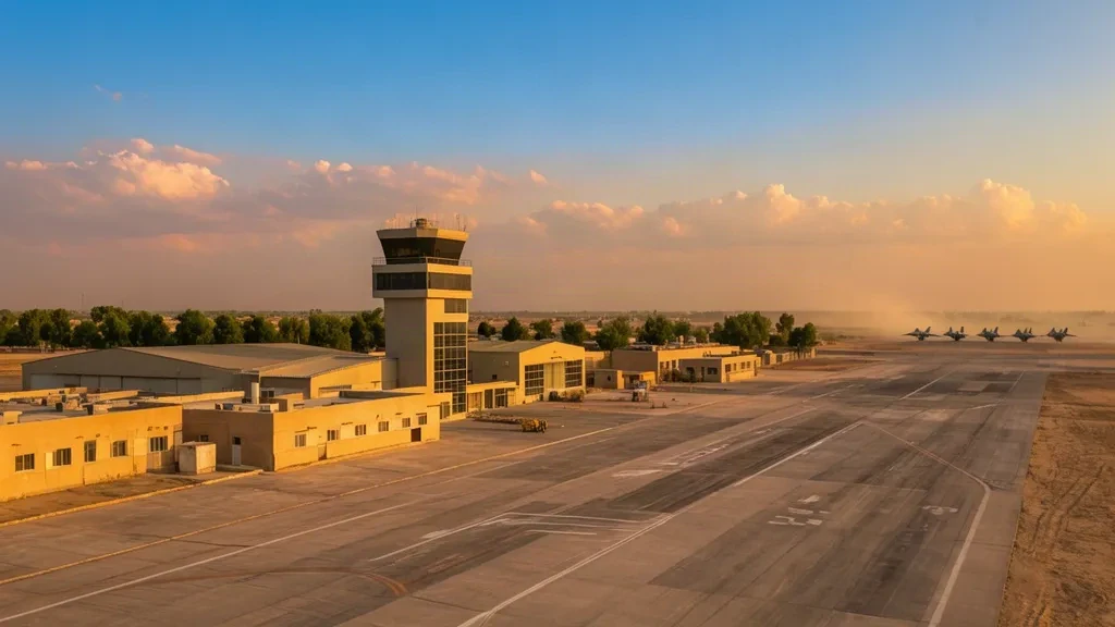 Weitwinkelansicht des Mushaf Air Base in Sargodha, Pakistan, mit Start- und Landebahn, Kontrollturm und Hangars zur goldenen Stunde.