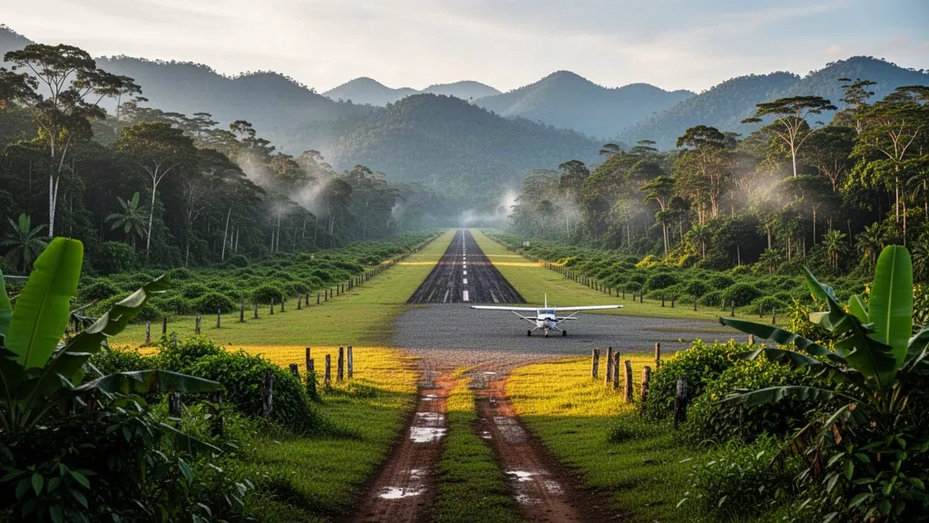 Remoto aeródromo de Sengapi en Papúa Nueva Guinea, una pista de hierba a través de la selva tropical con una pequeña aeronave al amanecer