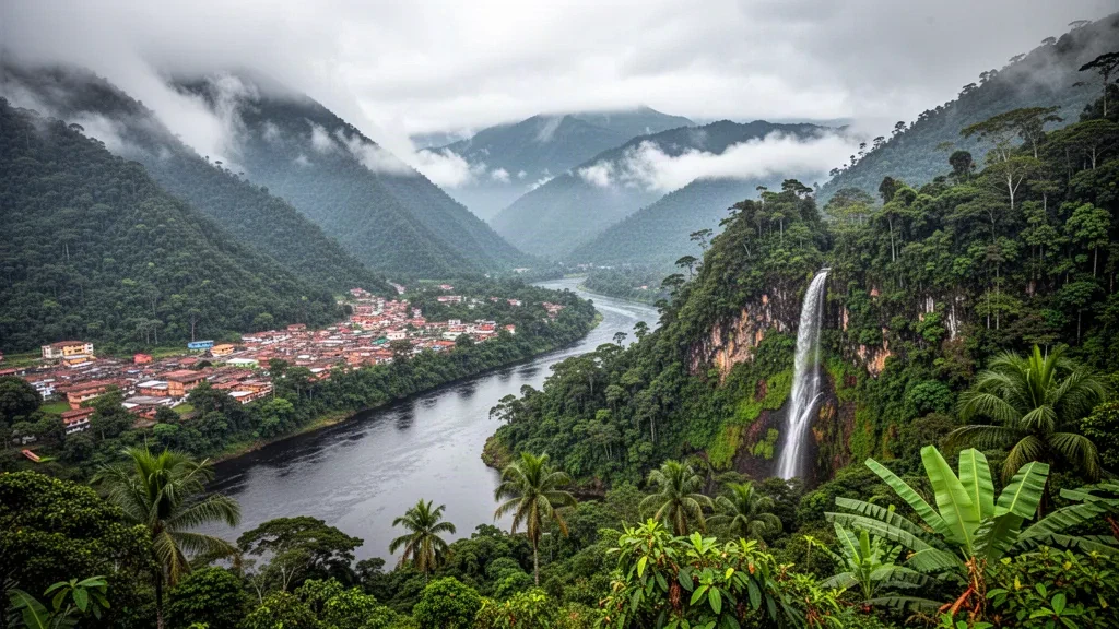 Vallée de forêt tropicale luxuriante et rivière à Mocoa, Putumayo, Colombie, avec contreforts andins brumeux et cascade de jungle