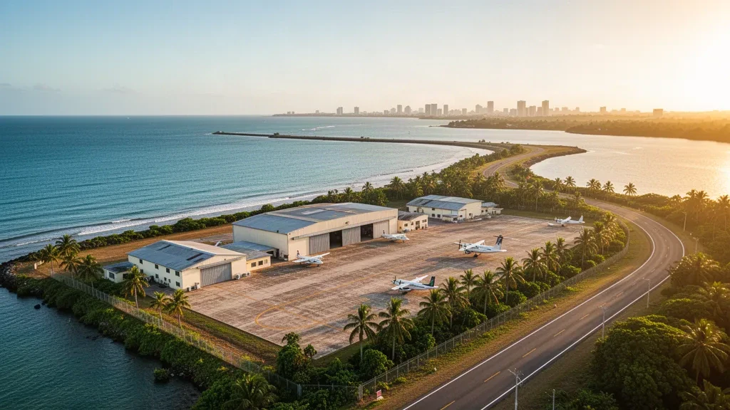 Pista costiera, hangar e ambiente tropicale presso la base aerea Danilo Atienza a Sangley Point, Cavite City, accanto alla baia di Manila all'ora d'oro