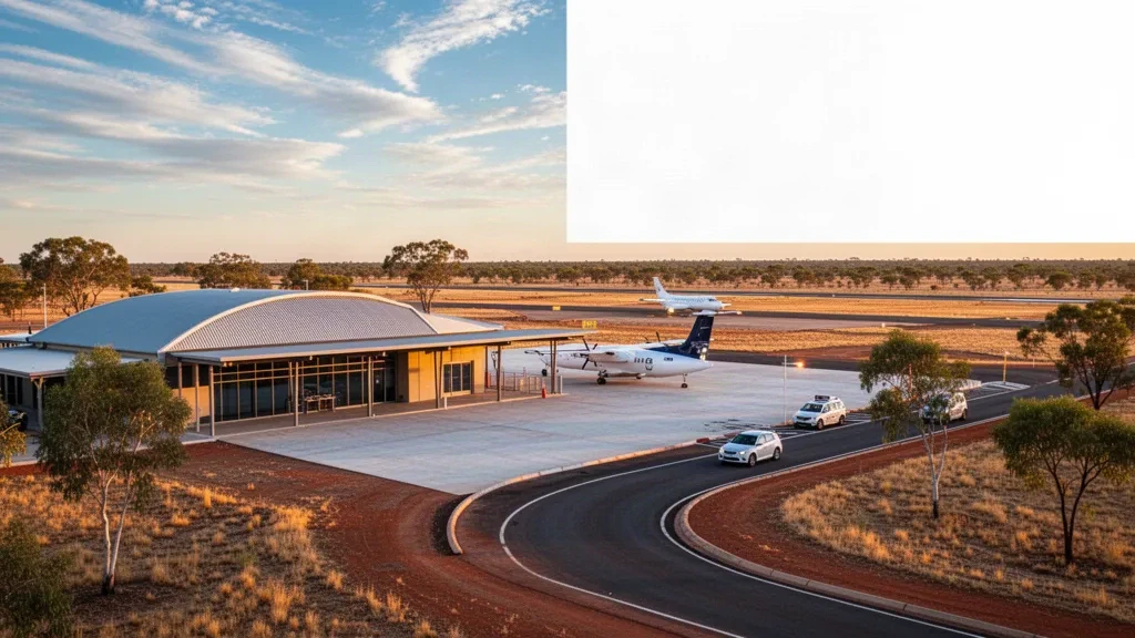 Terminal de poca altura, plataforma y vía de acceso en el aeropuerto de St George, en el interior de Queensland, bajo una cálida luz dorada