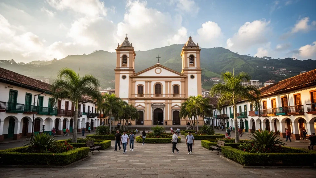 Veduta all'ora d'oro della Plaza de Bolívar e della sua cattedrale a Pereira, Risaralda, Colombia, incorniciata dalle verdi creste montuose delle Ande
