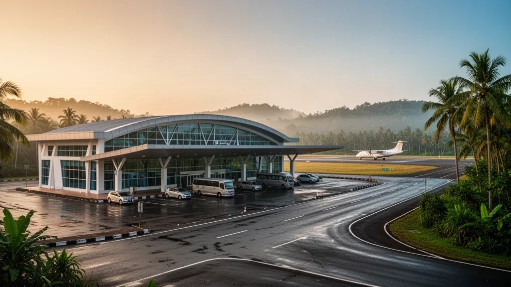 Modernes Glas-Terminal und tropische, palmengesäumte Vorfahrt am Flughafen Sangkimah in Sangatta, Ost-Kalimantan, in warmem Licht des späten Nachmittags.