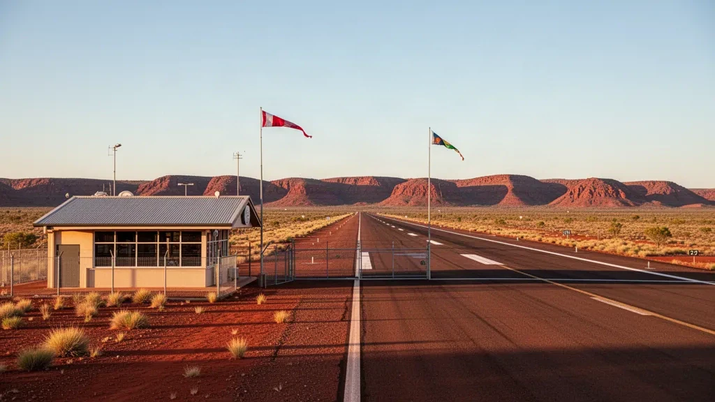 Pista remota dell'aeroporto di Shay Gap e piccolo terminal nell'entroterra del Pilbara, Australia Occidentale, all'ora d'oro, con terra rossa e cielo aperto.