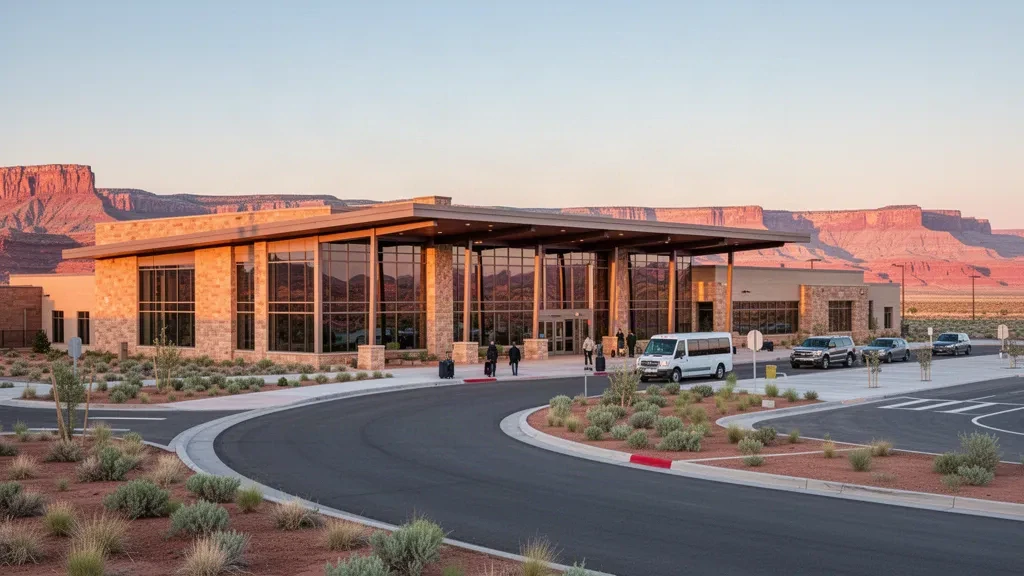 Modern glass terminal at St George Regional Airport in Utah, framed by red rock desert and warm golden-hour light