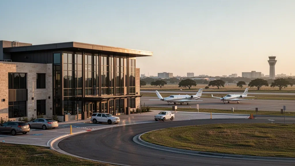 Terminal moderna de vidrio y plataforma de jets ejecutivos en el Aeropuerto Regional de Sugar Land, Texas, durante una cálida luz dorada del atardecer