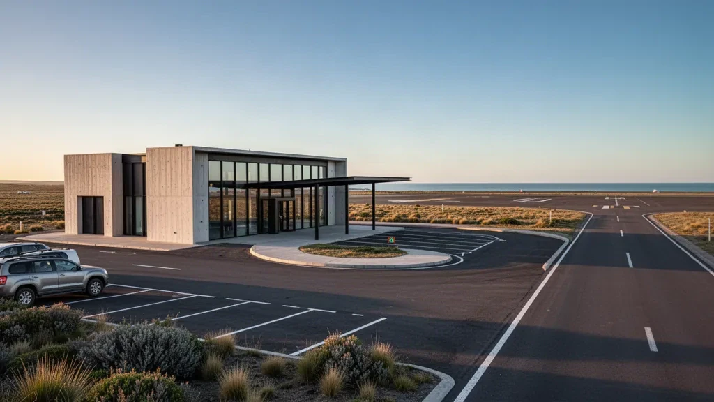Modern terminal exterior at Sierra Grande Airport in Patagonia, Argentina, beside a windswept coastal runway at golden hour