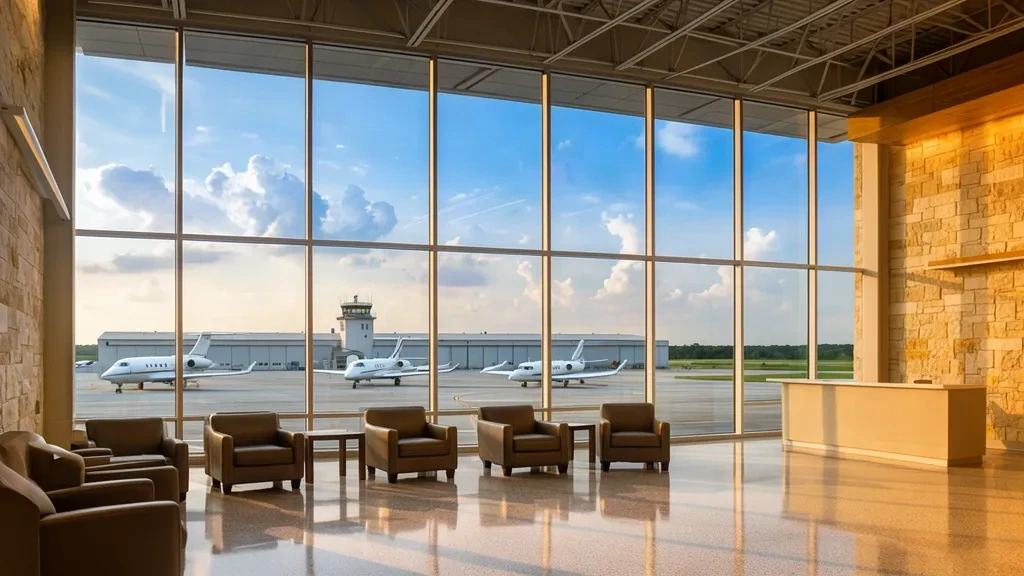 Interni illuminati dal sole del terminal dell'aeroporto Sugar Land Regional in Texas con pareti in vetro che si affacciano sugli aerei d'affari parcheggiati sul piazzale