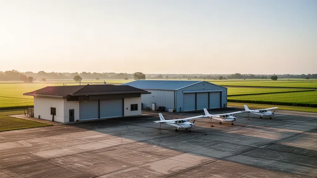 Veduta all'ora d'oro dell'Aeroporto Municipale di Stuttgart in Arkansas, con hangar, aeromobili leggeri sul piazzale in cemento e terreni agricoli del Delta aperti oltre