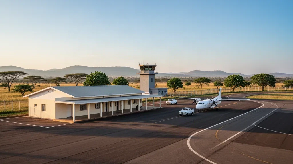 Terminal basso, piazzale di sosta e strada di accesso all'Aeroporto di Songea in Tanzania con la calda luce del tardo pomeriggio.