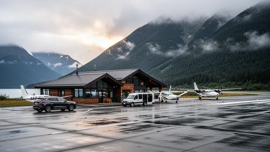 Alaska'da sisli ormanlık kıyı dağlarının altında küçük pervaneli uçakların bulunduğu Skagway Havalimanı terminali ve apronu