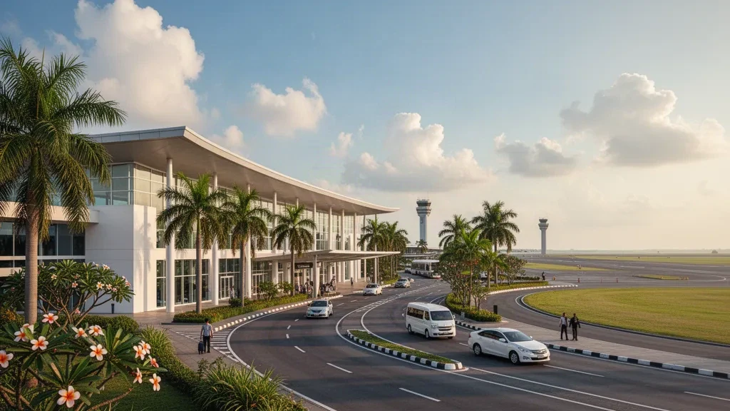 Modernes, niedriges Flughafenterminal mit palmengesäumten Vorfahrtsfahrten und tropischer Bepflanzung in Songkhla, Thailand, bei warmem Nachmittagslicht
