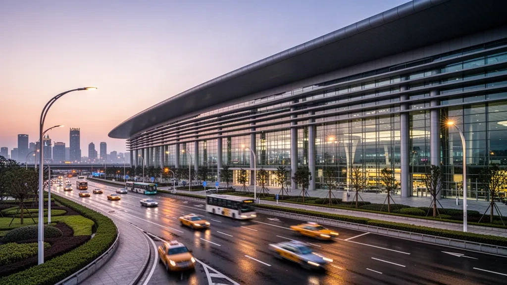 Modern glass terminal exterior of Shanghai Hongqiao International Airport at dusk, with curbside drop-off lanes and warm city lights beyond