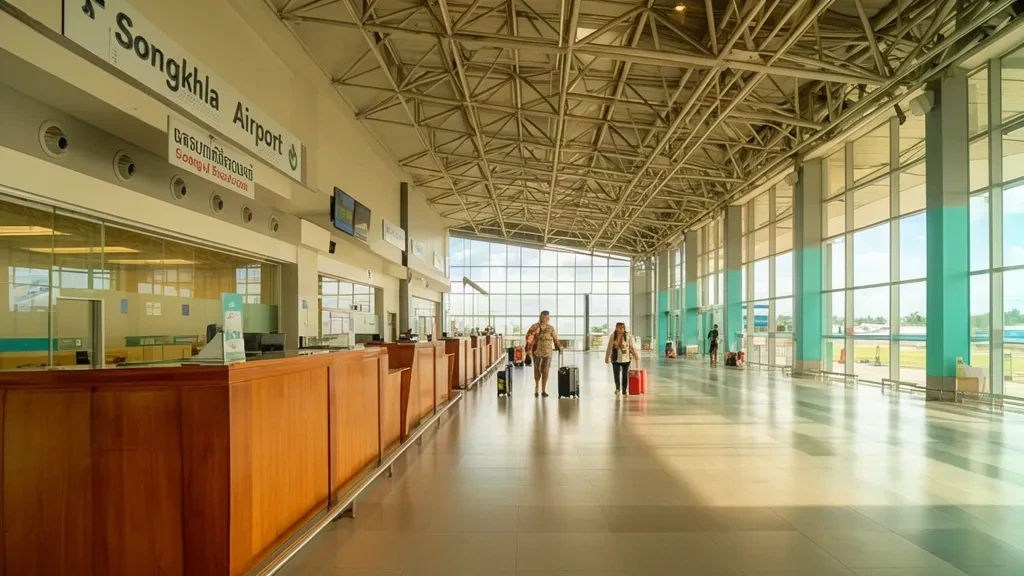 Vista interior de la terminal del aeropuerto de Songkhla en Tailandia, con mostradores de facturación y pasajeros en un espacio luminoso y moderno.