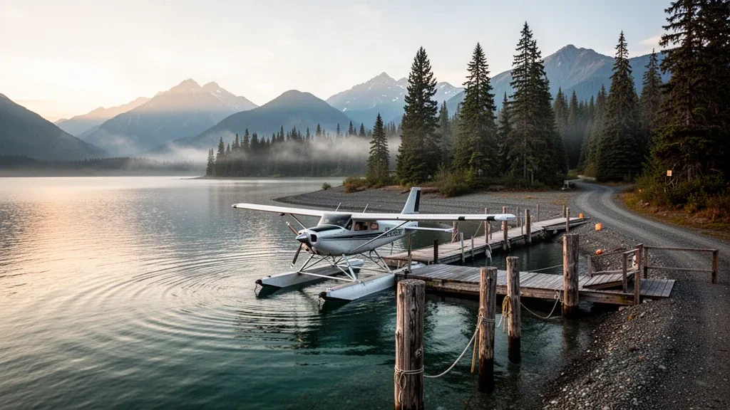Altın saatlerde ormanlık kıyı şeridi ve puslu dağlarla çevrili sakin Alaska körfez suyunda Saginaw Seaplane Base'de bağlı deniz uçağı