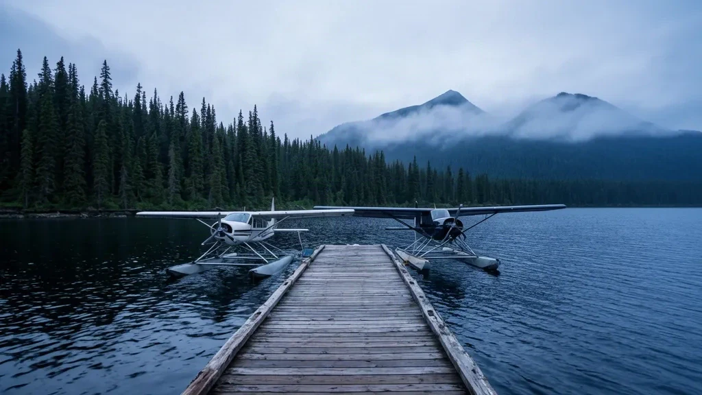 Alaska'daki Saginaw Seaplane Base'de sakin su üzerindeki ahşap bir iskeleye bağlı deniz uçakları, arkalarında yaprak dökmeyen orman ve puslu dağlar