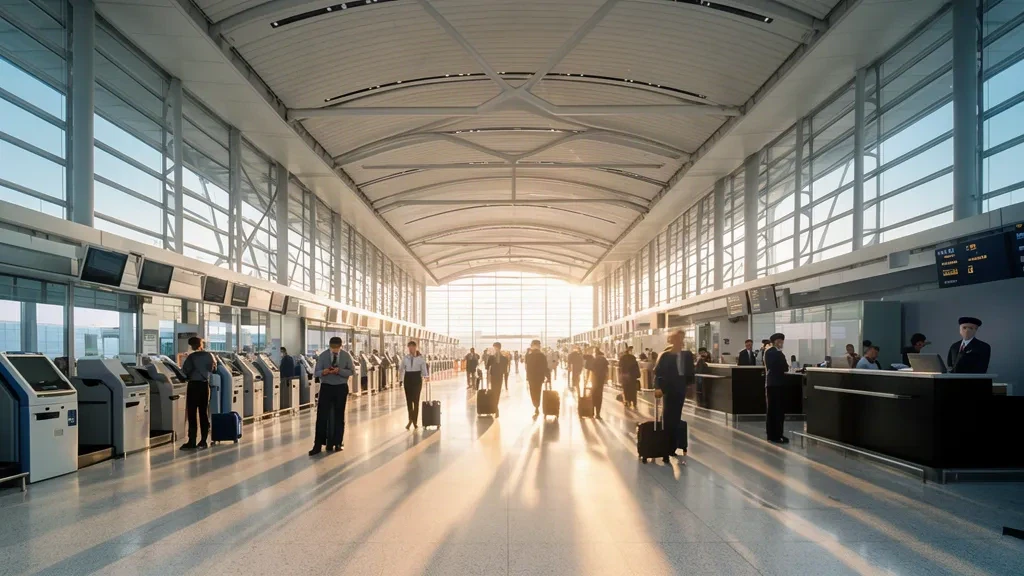 Şanghay Hongqiao Uluslararası Havalimanı Terminal 2'nin cam perde duvarlı gidiş salonu iç mekânı ve yolcular