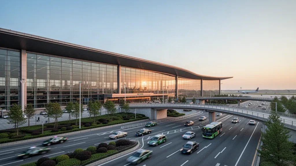Modern glass terminal exterior and drop-off lanes at Shenyang Taoxian International Airport in warm golden hour light