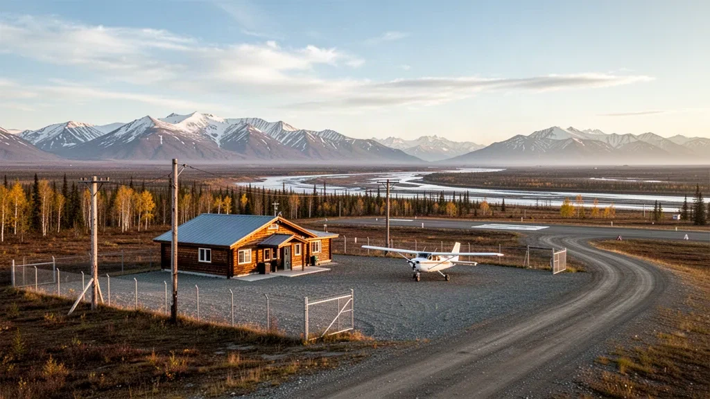 Petite piste en gravier et terminal rustique en bois à l'aéroport isolé de Shungnak, dans l'Arctique alaskien, sous un vaste ciel dégagé