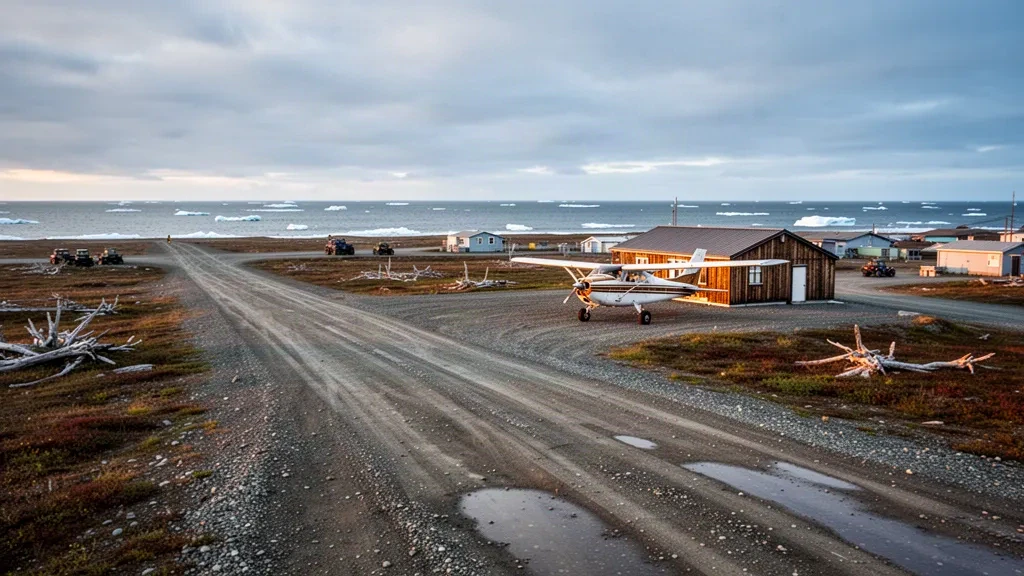 Petit avion à hélice sur la piste en gravier de l'aéroport de Shishmaref en Alaska, entouré de toundra sans arbres et de la mer des Tchouktches