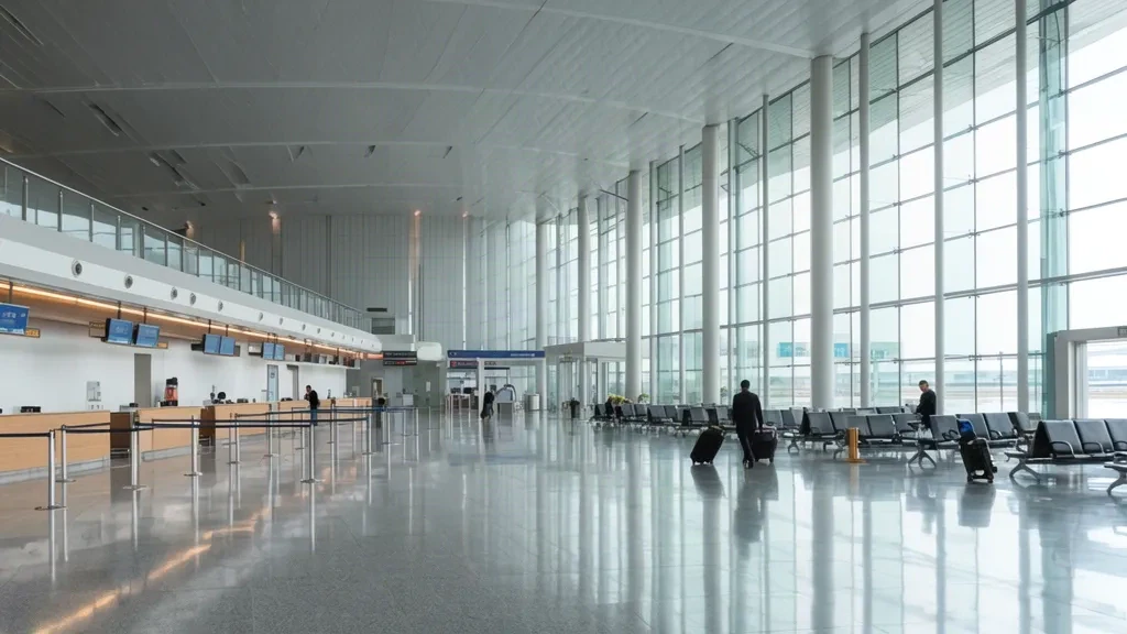 Vista interior de la terminal del Aeropuerto Shihezi Huayuan con mostradores de registro, paredes de vidrio y viajeros en una sala de salidas luminosa.