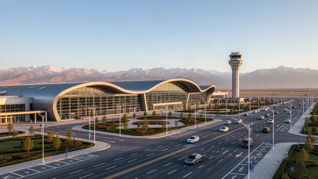 Xinjiang'daki Shihezi Huayuan Havalimanı'nda modern cam terminal ve bağlantı yolları, uzakta altın saatte Tanrı Dağları.