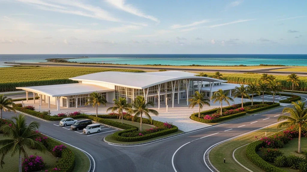 Moderno terminal e pista dell'aeroporto di Shimojishima su una costa corallina turchese di Okinawa all'ora d'oro