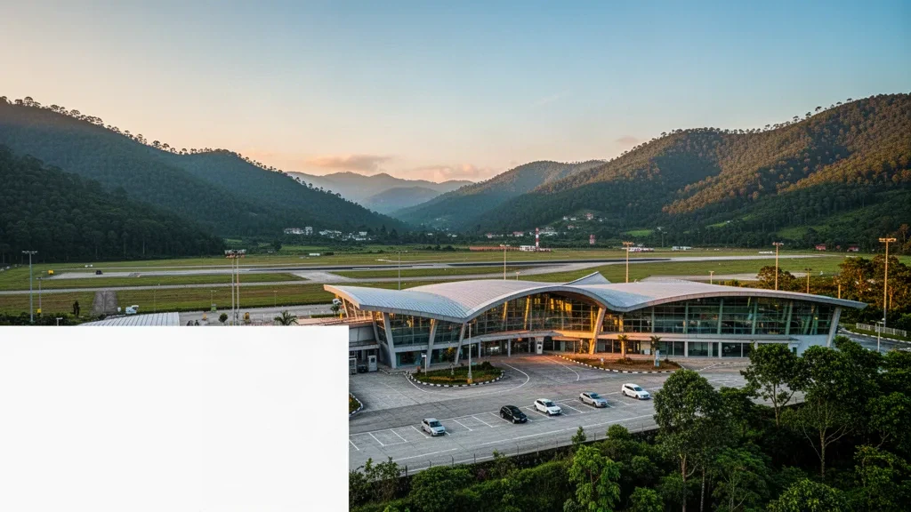 Modern terminal building of Shillong Airport with lush green hills in the background under soft golden hour light.