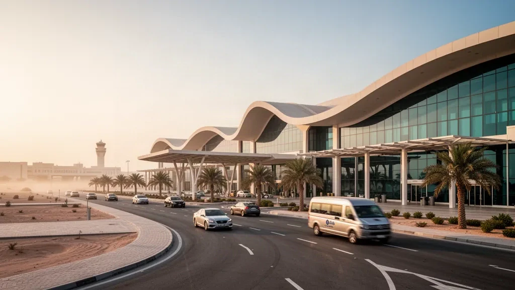 Extérieur moderne du terminal en verre et en pierre à l'aéroport international de Charjah, avec des voies de dépose bordées de palmiers à l'heure dorée