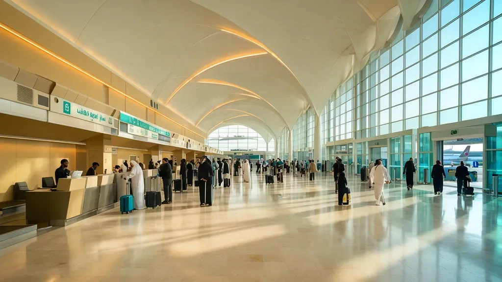 Intérieur du hall des départs baigné de soleil à l'aéroport international de Charjah, avec des voyageurs aux comptoirs d'enregistrement et un plafond blanc incurvé