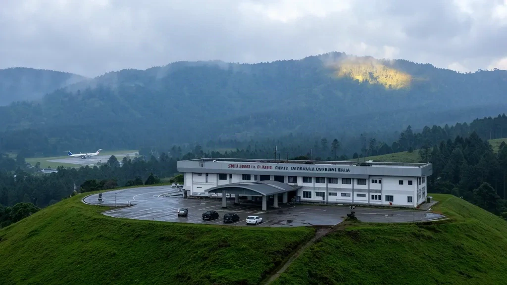 Terminal del Aeropuerto de Shillong en Umroi con un turbohélice en la plataforma y colinas verdes y neblinosas de Meghalaya al fondo