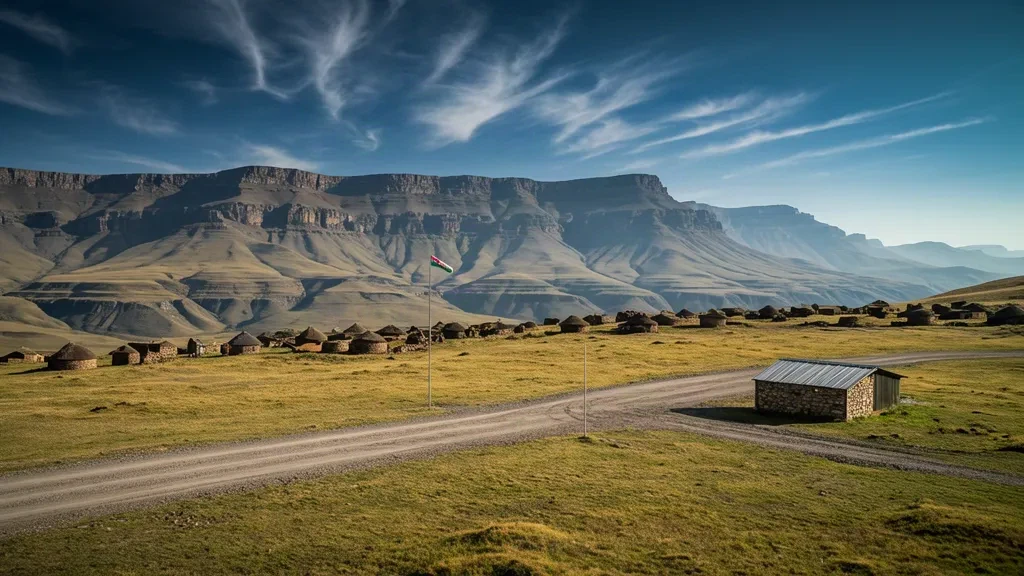 Schotterpiste, Windsack und Bergabbruch am Flughafen Sehonghong im Hochland von Lesotho