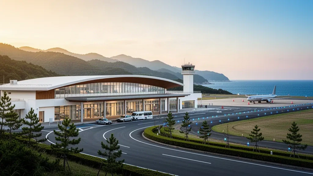 Terminal moderne en verre et voie de dépose incurvée à l'aéroport de Nanki-Shirahama dans la préfecture de Wakayama, au Japon, avec des collines boisées et l'océan en arrière-plan