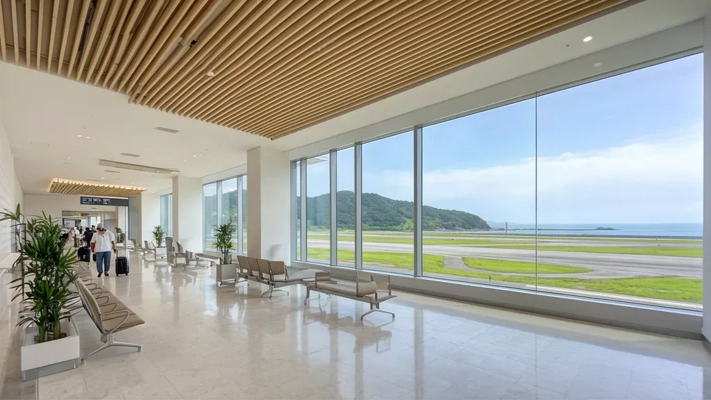Intérieur du terminal de l'aéroport de Nanki-Shirahama au Japon avec des sièges en bois et des vues sur la piste à travers de grandes fenêtres