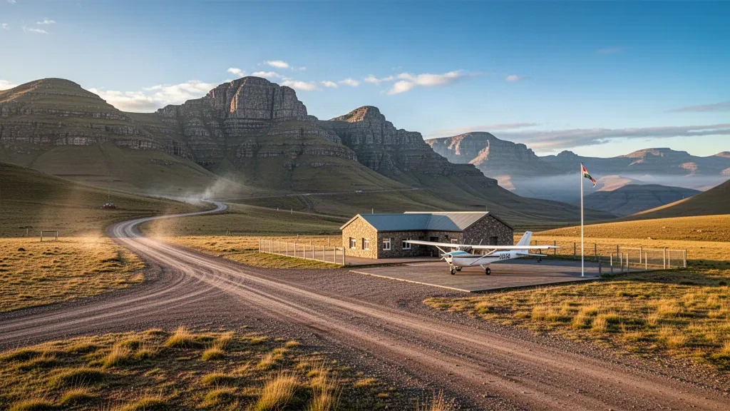 Pista remota in ghiaia dell'Aeroporto di Sehonghong sugli altopiani del Lesotho, incorniciata dalle vette dei Monti Maloti durante l'ora d'oro