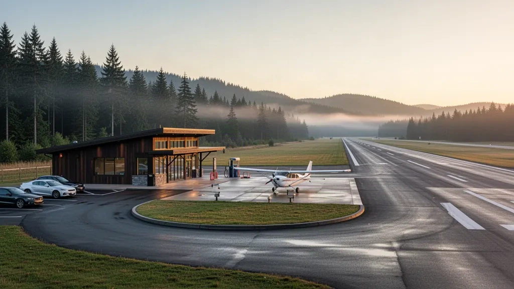 Aeropuerto Sanderson Field cerca de Shelton, Washington, con un pequeño edificio terminal moderno, carril de descenso y pista rodeada de bosque de coníferas